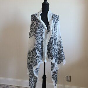 Lucky Brand Black White Floral Wool Blend Oversized Scarf Wrap – 66” x 30”